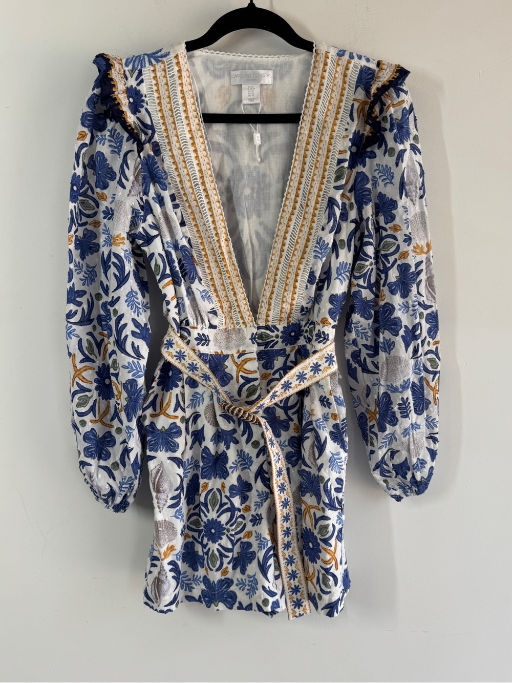 Caroline Constas Floral Romper Blue XS Belted Boho Resort Mediterranean Summer